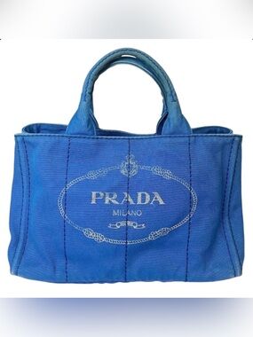 Prada Canapa Medium Blue Canvas Tote Bag Authentic Milano Logo Rare Color